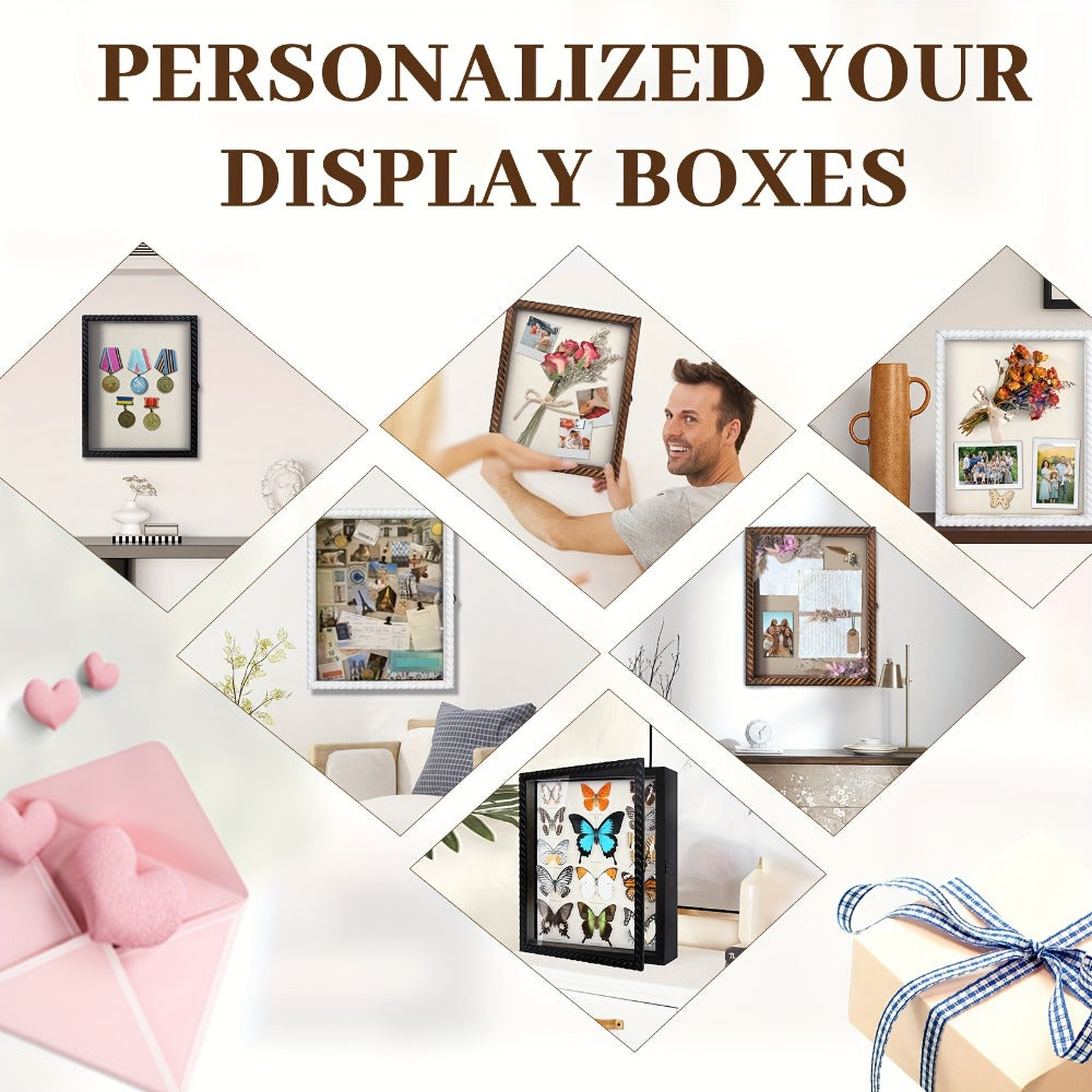 Shadow Box Frame with Linen Back ¨C Large Rustic Memory Display Case 11x14 & 12x16 Inch for Photos, Medals, Coins, Pins, Flowers & Collectibles, 4 Removable Shelves, Black White Brown