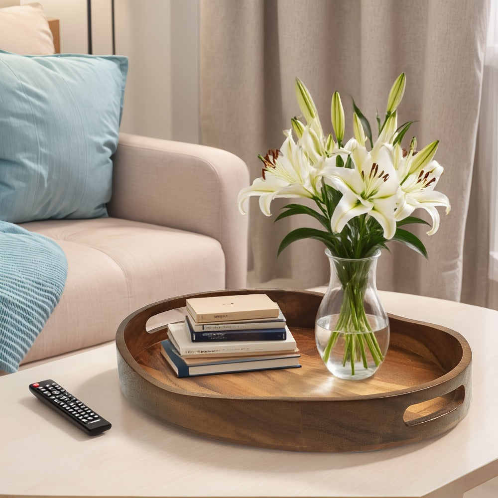 Acacia Wood Serving Tray with Handles 16.5x13 Inch Large Decorative Ottoman Tray for Coffee Table Living Room Breakfast in Bed Candle Display Food Safe Kitchen Organizer