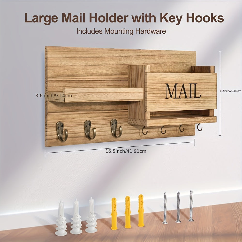 Wall Mounted Storage Rack with Mail Slot ¨C Rustic Wood Floating Shelf with Hooks for Keys, Hats & Envelopes, Decorative Organizer for Entryway, Porch, Bedroom, Bathroom & Living Room