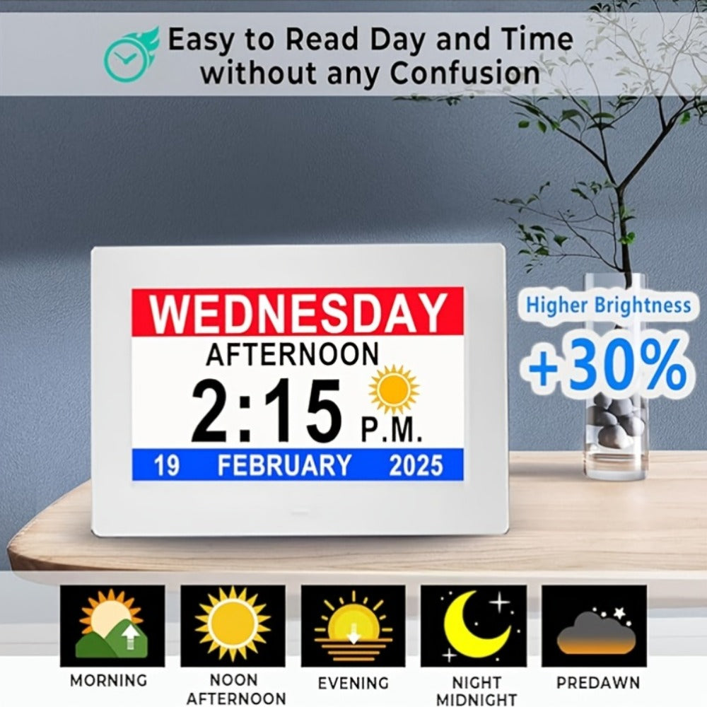 Digital Photo Frame Clock Large Display Calendar Alarm Clock for Seniors USB Powered Supports Photo Video Playback 7 10.1 Inch Bedroom Decor
