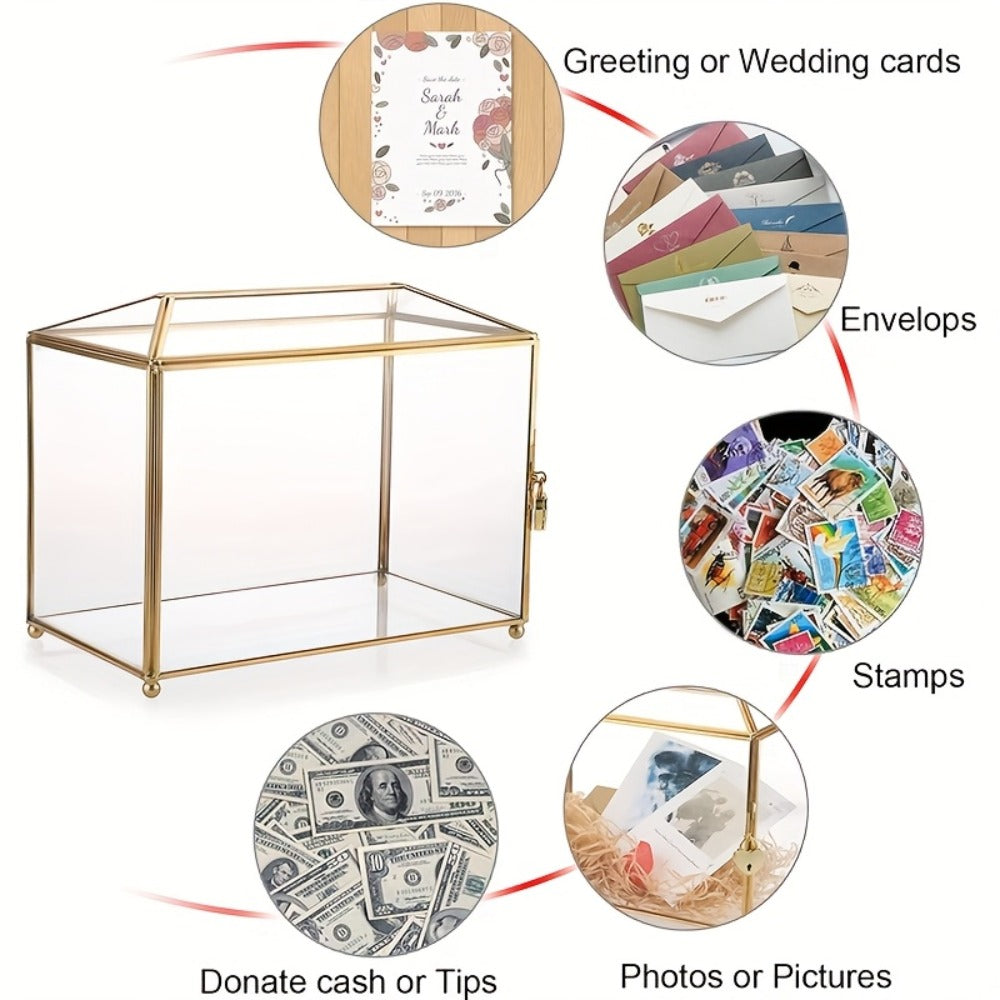 Wedding Card Box with Lock Glass Gold Transparent Slot Lid 10.2x5.9x8.3 In Holds 100 Cards for Wedding Baby Shower Birthday Party