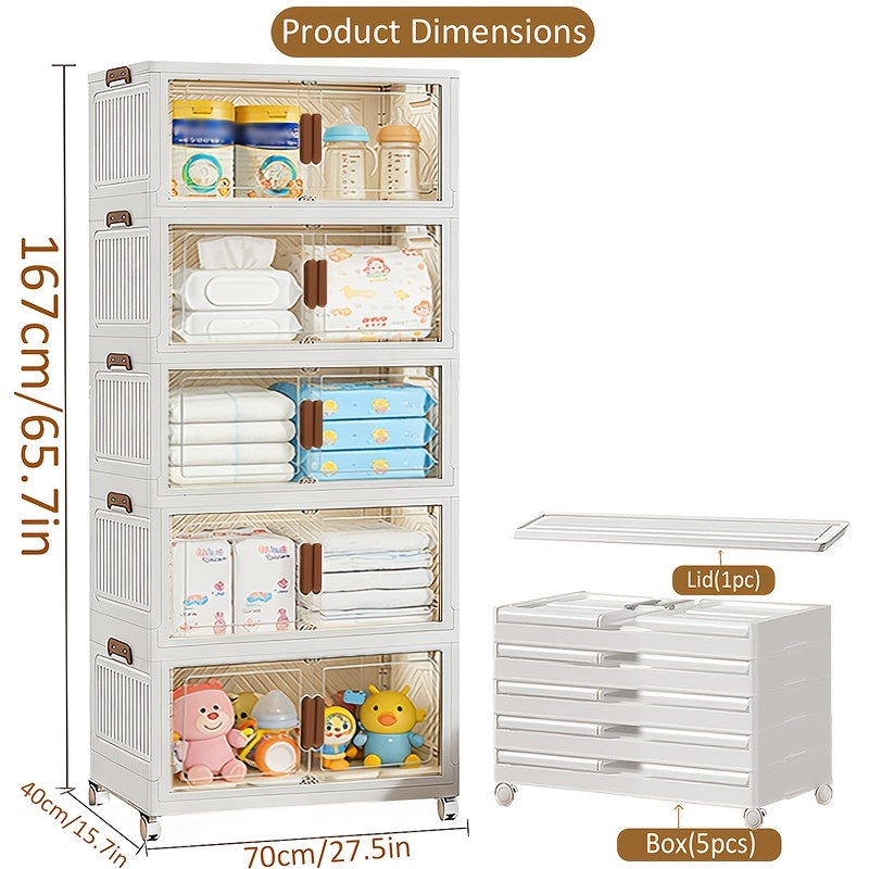 Stackable Foldable Storage Cabinet with Door ¨C PP Plastic 1/2/3/4/5 Layer Organizer Box with Wheels & Cover | Dual-Access Home Storage for Clothes, Books, Snacks & Kitchen Supplies | Office & Garage