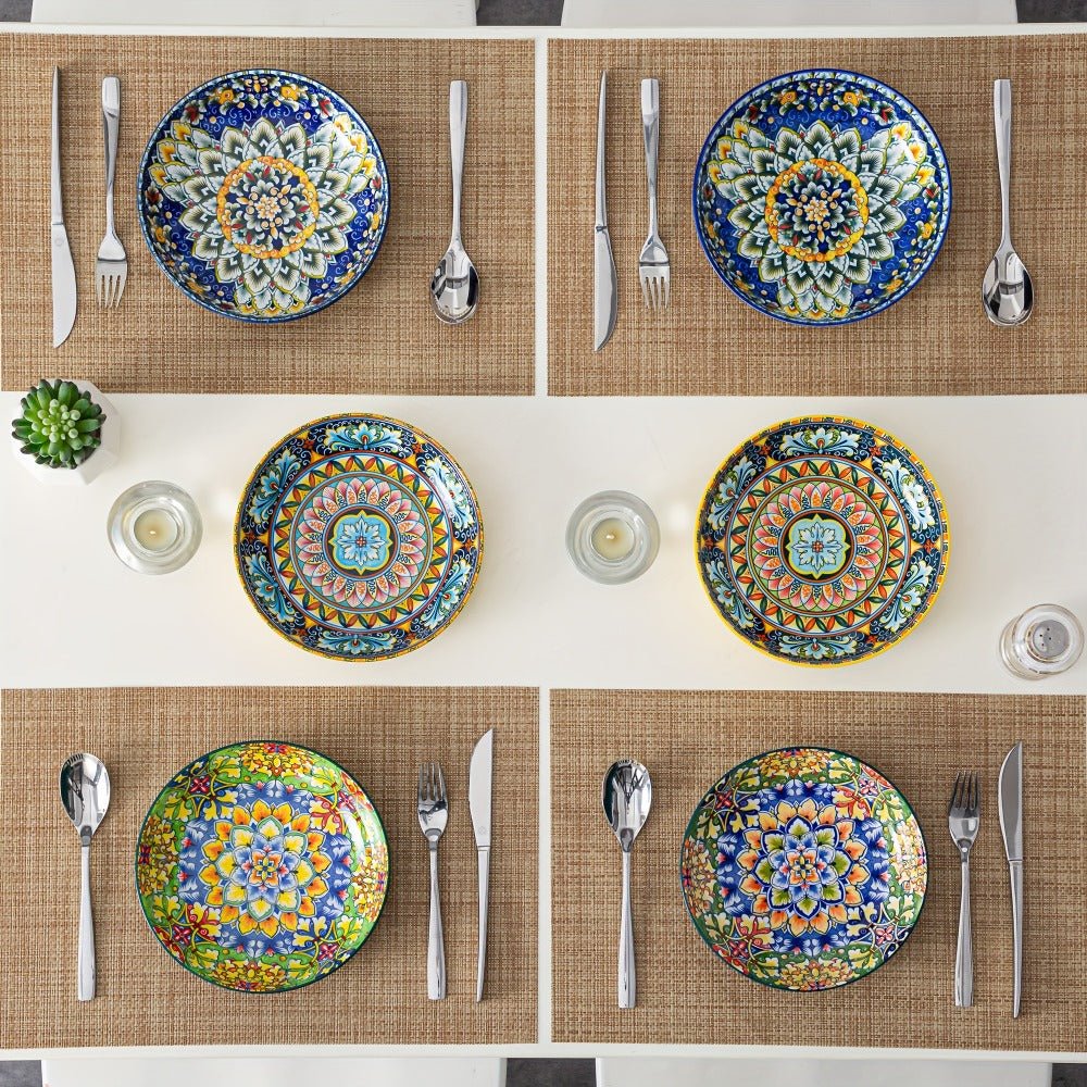 Bohemian Pasta Bowls Set of 6 | 32 Oz Porcelain, Floral Pattern, Microwave & Dishwasher Safe ¨C VANCASSO