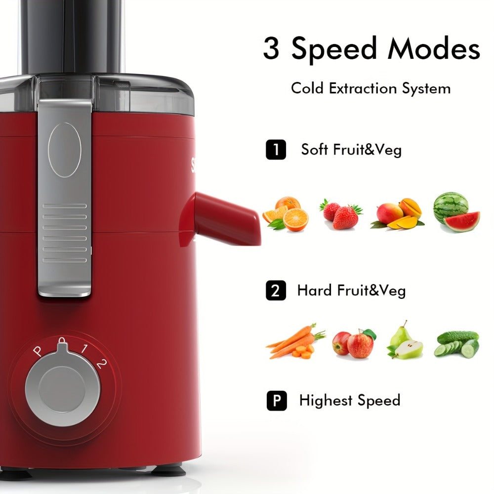 Centrifugal Juicer Wide Feed Chute - 2-Speed Juice Extractor for Fruits & Vegetables, Fast Juicing Machine, Easy to Clean, Compact Design for Home Kitchen, Red