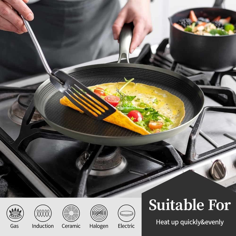 Stainless Steel Crepe Pan 11 Inch Dual Honeycomb Non-Stick PFOA-Free with Lid ¨C Triply Steel Pancake Griddle for Tortillas | Induction Gas Electric Ceramic Compatible Home Camping BBQ Cookware