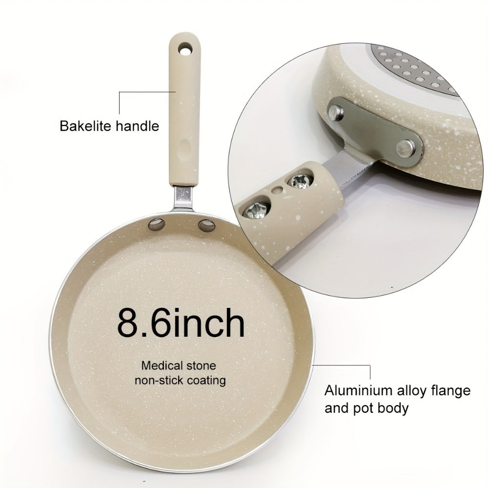Non-Stick Cookware Set 5-Piece Beige ¨C Pumice Stone Coating Egg Frying Pan Pancake Skillet with Kitchen Utensils | Aluminum Induction Compatible Home Cooking Set for Eggs Pancakes & Breakfast