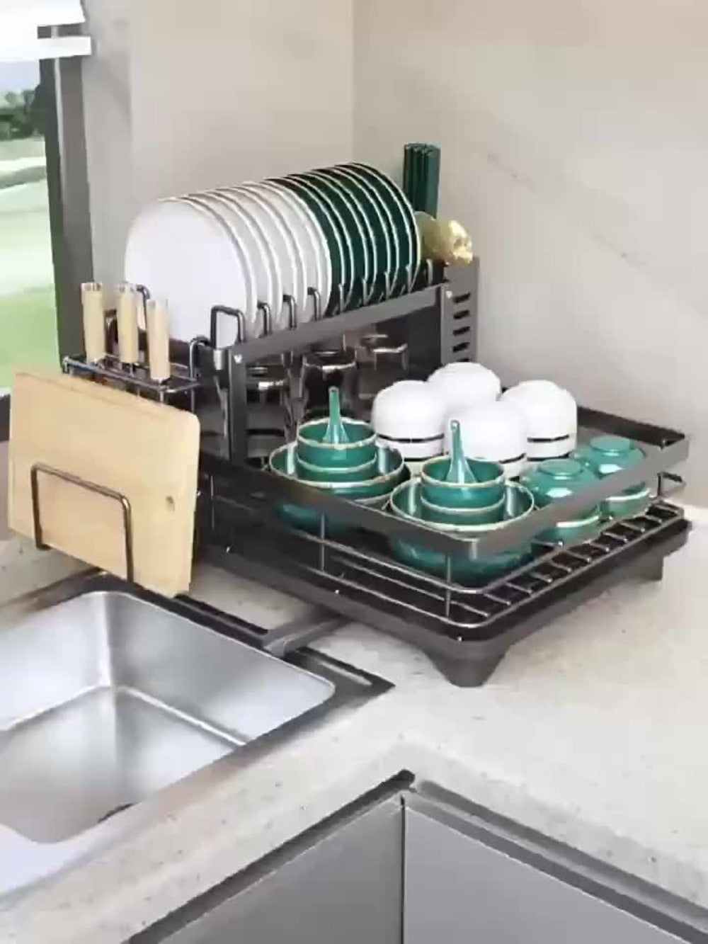 2-Tier Metal Dish Drying Rack with Cutlery Holder Cup Holder & Rust-Proof Drip Tray ¨C Space Saving Countertop Kitchen Organizer