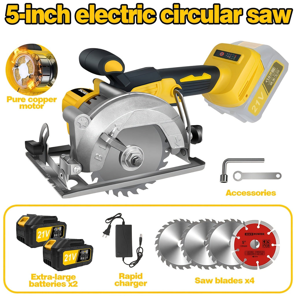 Brushless Circular Saw Kit 5-Inch 6900RPM with 4000mAh Battery Charger 4 Blades 45 Degree Bevel Cordless Wood Cutting Saw for Woodworking Garden DIY Projects
