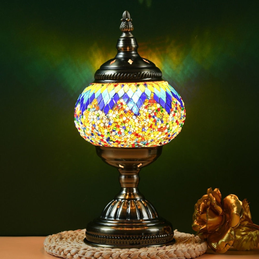 Mosaic Table Lamp Handcrafted Turkish Glass Bedside Lamp 3-Color Dimmable with Metal Base Bulb Included