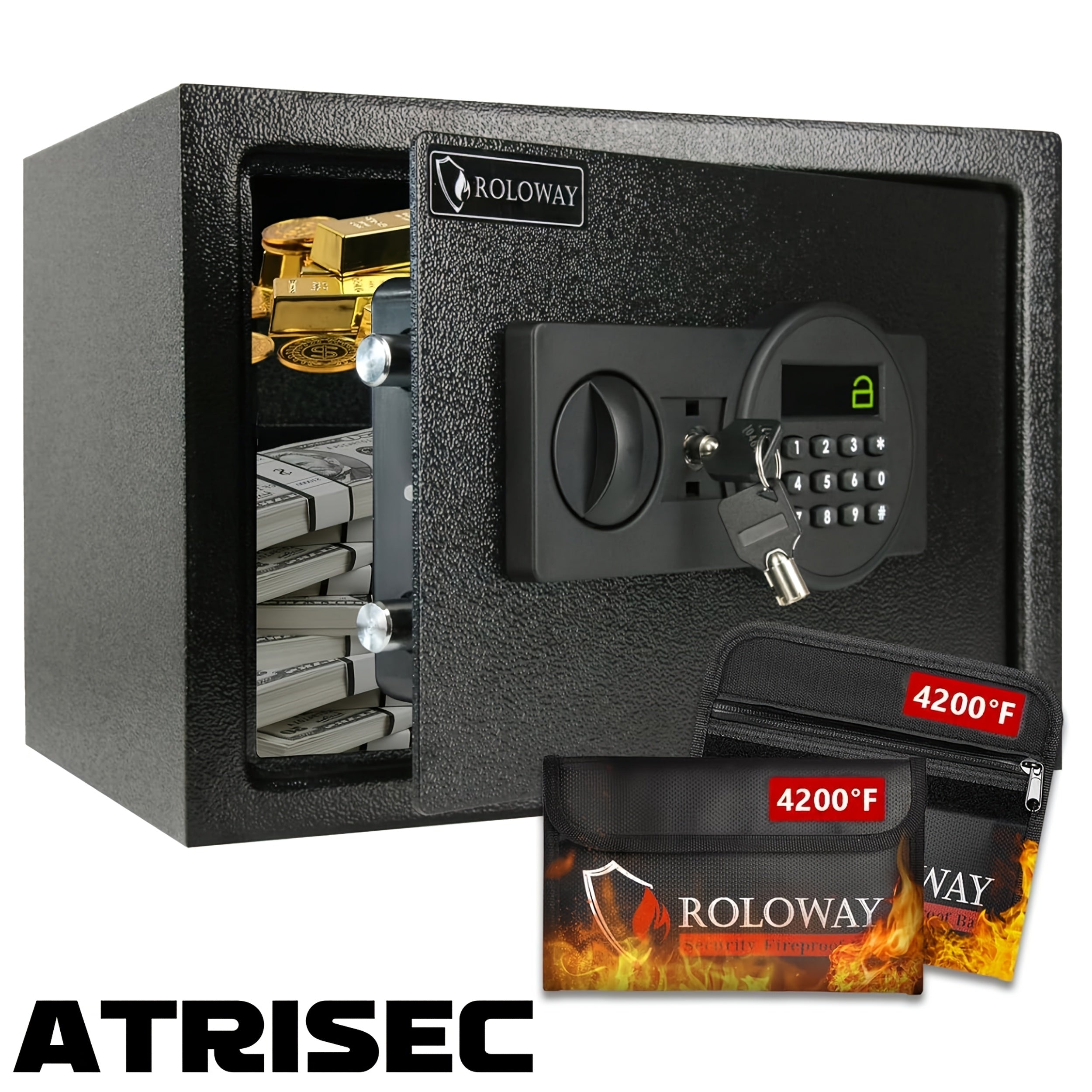 Fireproof Safe Box with Keyboard Lock ¨C ROLOWAY Home & Office Security Safe with Fireproof Bag, Multiple Sizes, Black & Pink Options