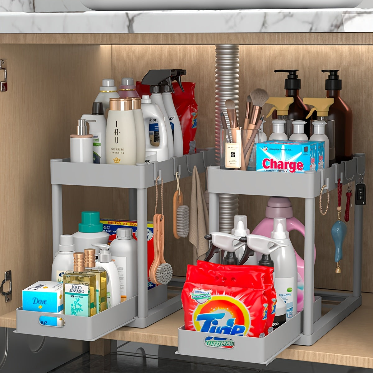 Under Sink Organizer Set of 2 ¨C Dual Tier Sliding Basket Drawers with 8 Hooks Kitchen Bathroom Cabinet Storage