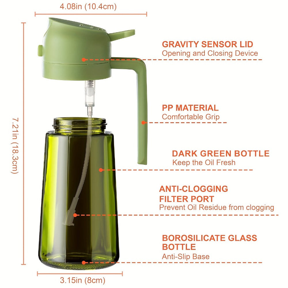 Olive Oil Dispenser Bottle 2-in-1 Glass Oil Sprayer & Dispenser 16oz Kitchen Cooking Oil Bottle with Labels for BBQ, Salad, Air Fryer & Grilling ¨C 2 Pack