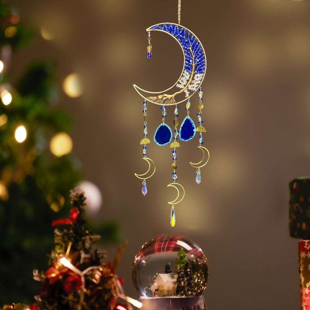 Moon Agate Tree Hanging Ornament Handmade Boho Suncatcher Wall Decor - Crystal Window Sun Catcher Gift for Mom Friends Women Birthday Christmas Holiday Home Decoration