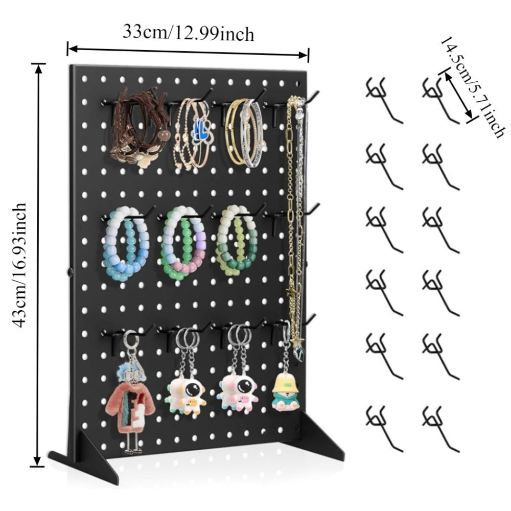 Pegboard Jewelry Display Stand with 12 Removable Peg Hooks Countertop Jewelry Organizer Rack Freestanding Iron Hole Board Display Tower for Necklace Earring Bracelet Ring Accessories Black White