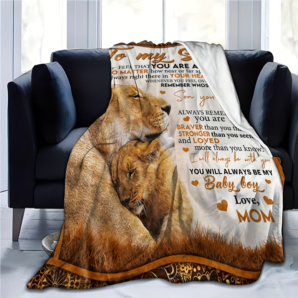 Flannel Throw Blanket with Lion Design & Inspirational Quote - Soft Cozy Knit Polyester, Heartfelt Gift for Son from Mom, Warm Home Decor Blanket