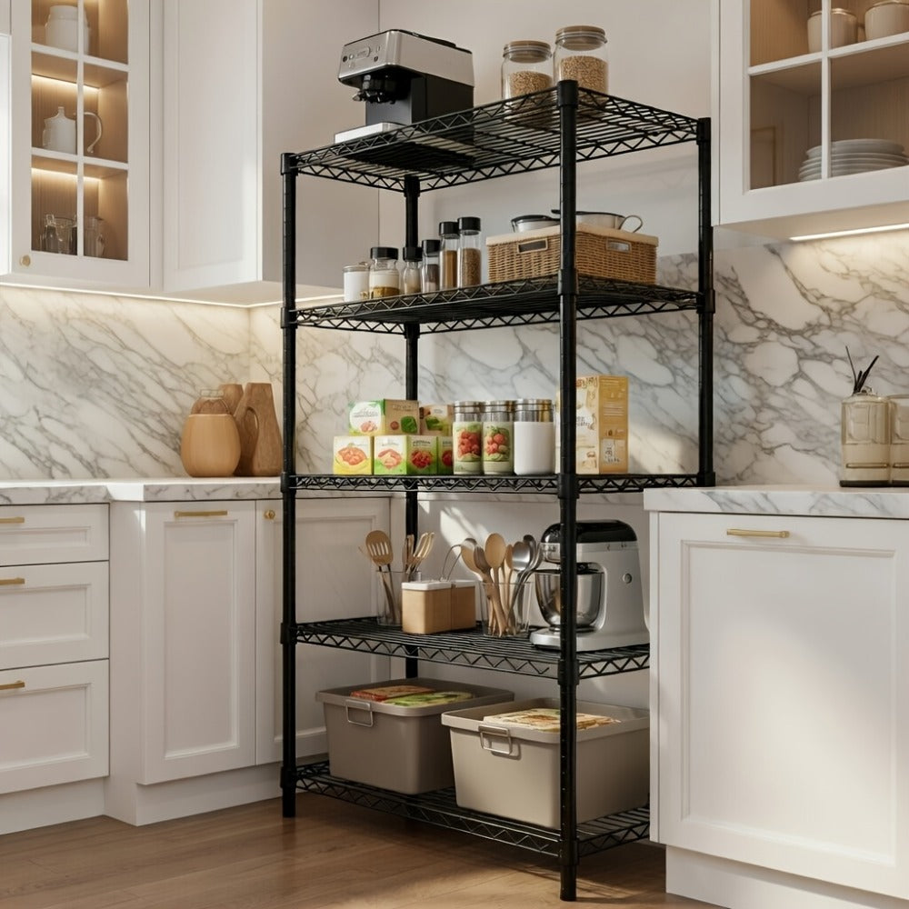 Metal Storage Shelving Unit Heavy Duty Adjustable 4 5 Tier Steel Shelf Rack for Garage Kitchen Pantry Workshop Black Chrome MZG
