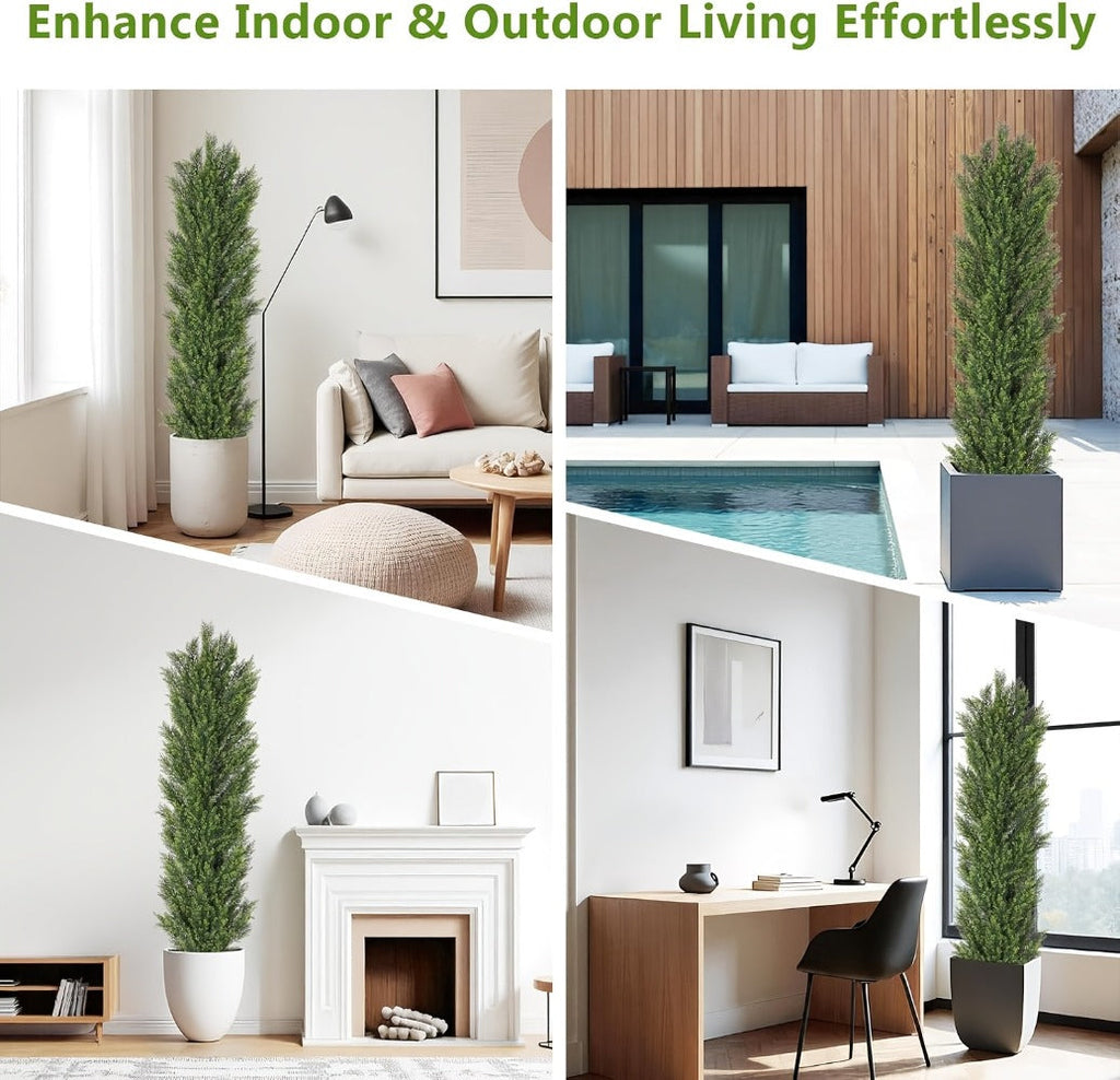 Artificial Cedar Topiary Trees 2 Pack UV Resistant Faux Greenery for Indoor Outdoor Patio Garden Office Entryway Decor 4FT 5FT 6FT