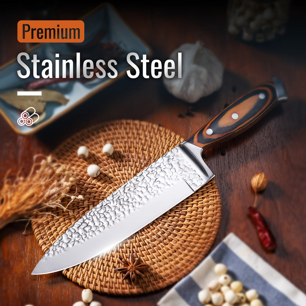 Kitchen Knife Set 15 Piece ¨C Chef Knife Block Set with Self-Sharpening Wooden Block, Steak Knives & Hammered Stainless Steel Blades, Perfect Gift for Home Cooks & Men