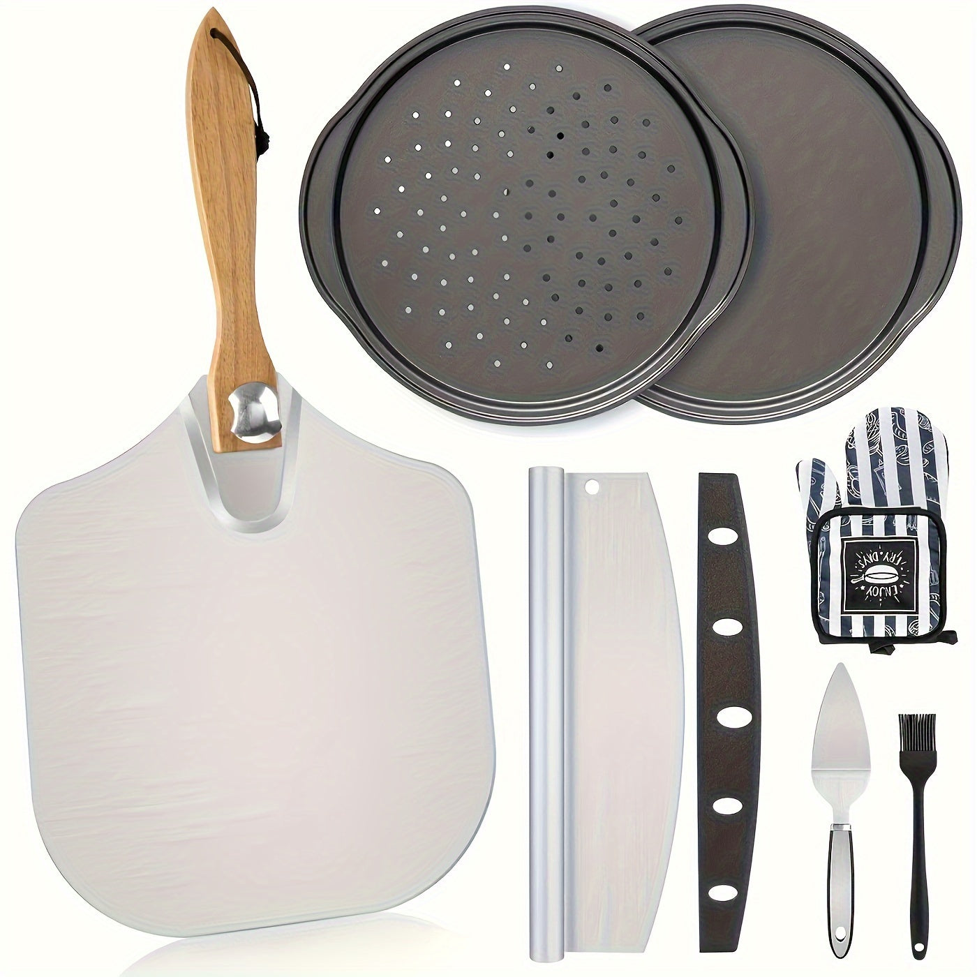 Pizza Making Set with Pizza Peel, Nonstick Pizza Pan, Perforated Pan, Pizza Cutter, Oven Mitts, Pie Server & Basting Brush, Complete Pizza Tools Kit for Oven & Grill, 7-Piece or 8-Piece