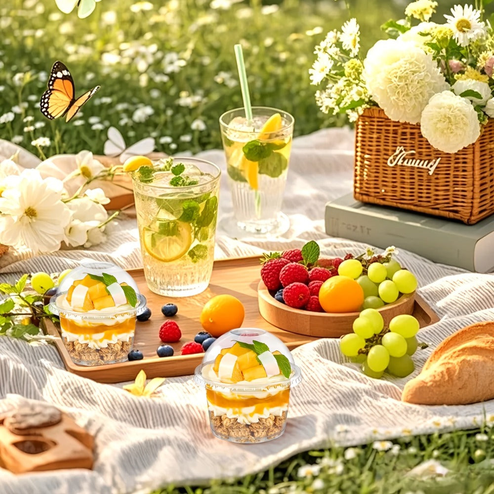 Clear Plastic Cups with Dome Lids 100pcs 8oz Disposable Dessert Cups for Party Cake Fruit Ice Cream Cupcake Pudding