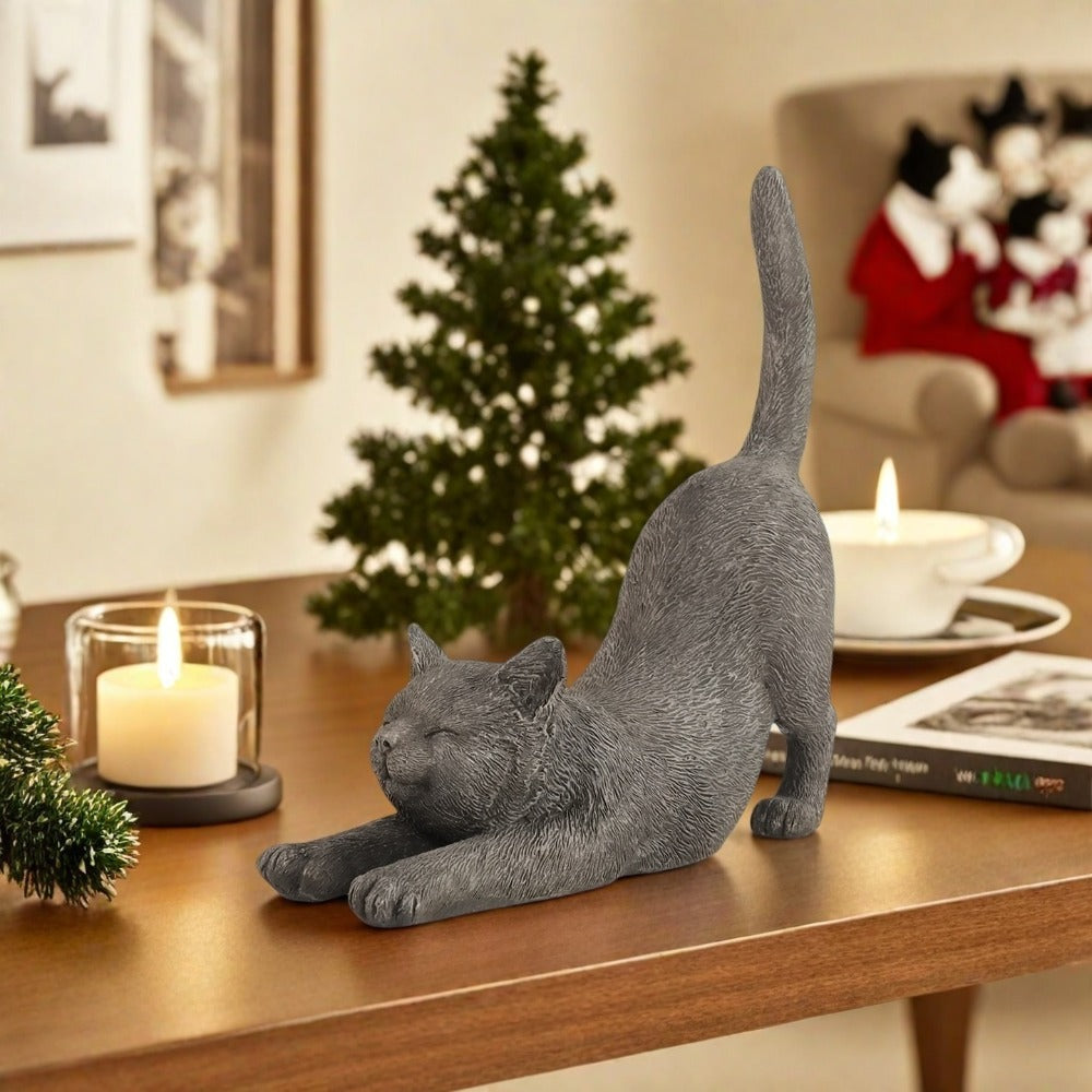 Yoga Cat Statue Hand-Painted Stretching Cat Figurine Grey Resin Decorative Sculpture for Home Office Garden Indoor Outdoor Decor Cat Lover Gift High-Quality Finish Stylish Ornament