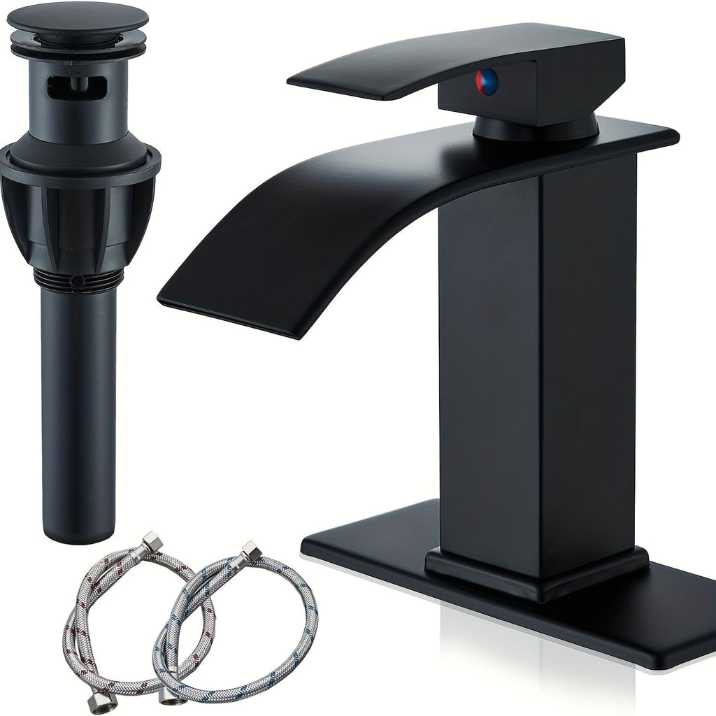 Waterfall Bathroom Faucet Single Handle - Modern Sink Faucet with Valve, Chrome & Matte Black & Brushed Nickel & Brushed Gold Finish, 1 or 3-Hole Deck Mount, G9/16 Threads, Water Supply Lines Included