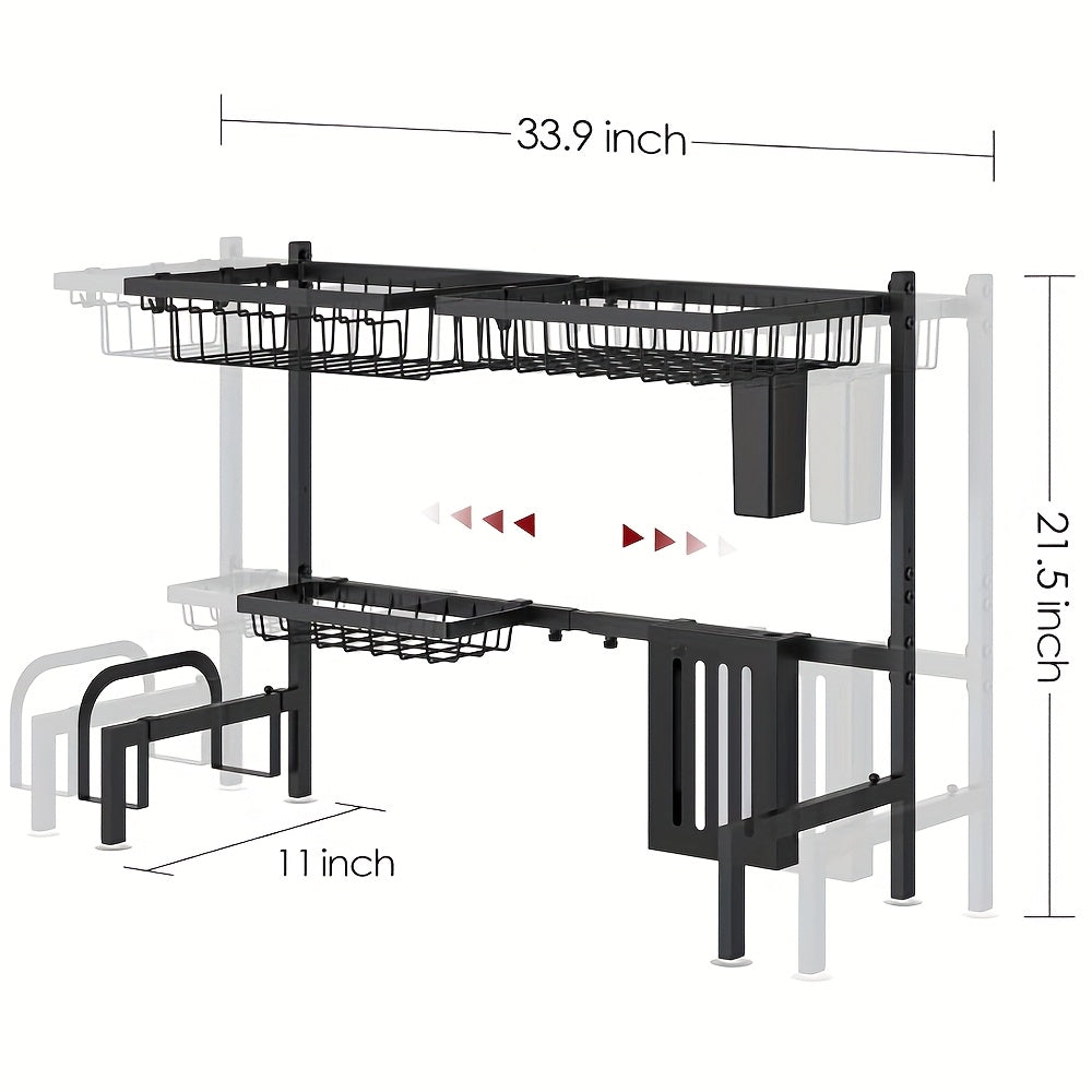Over-the-Sink Dish Drying Rack Expandable 2-Tier 304 Stainless Steel Adjustable 30-34 Inch with Utensil Holder Knife Holder Cutting Board Holder and 5 Hooks for Kitchen