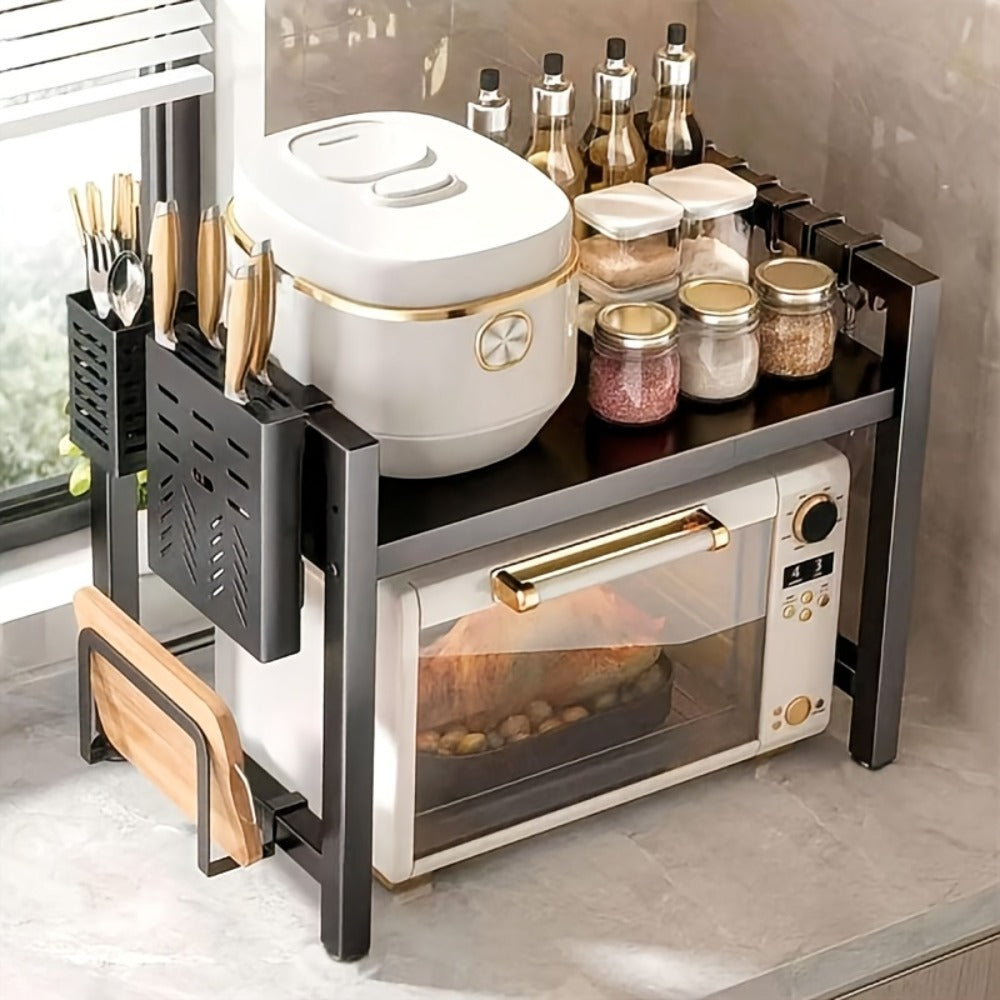 Kitchen Storage Rack Metal Extendable Shelves Microwave Stand Counter Organizer for Spices Bowls Cups Cookware Space Saving Shelf Black