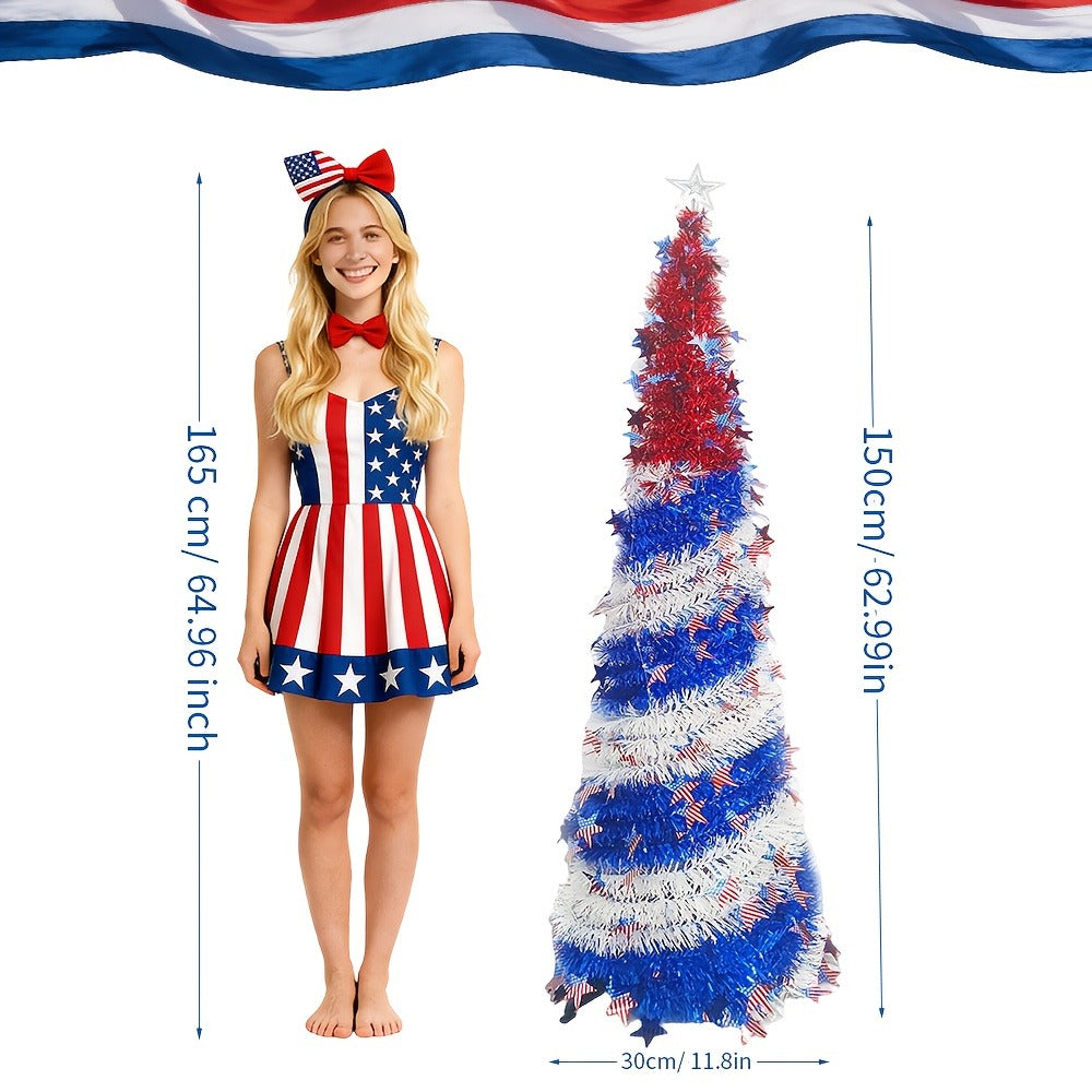 4th of July Patriotic Decoration Tree 5ft ¨C Foldable LED Light String with Red White Blue Stars & Stripes, Independence Day Party Decor, Patriotic Theme Display Tree, Summer Holiday Gift