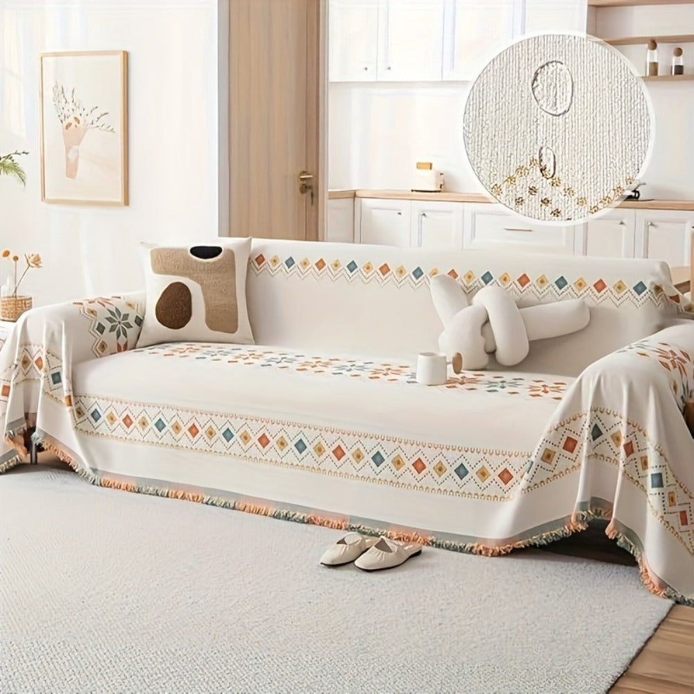 Bohemian Embroidery Chenille Sofa Cover 300GSM - Machine Washable Knit Weave Slipcover for 2 3 4 Seater Sectional Sofa No Padding, 5 Colors