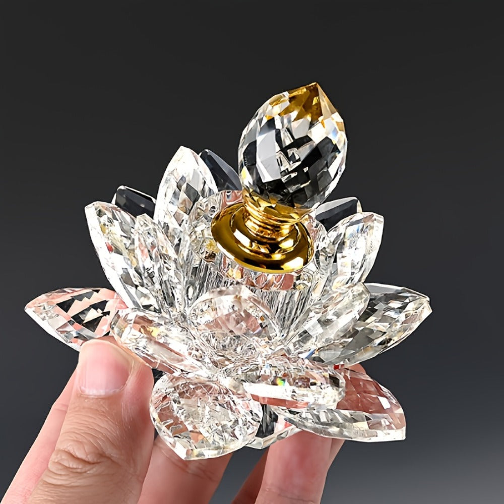 Lotus Shaped Glass Perfume Bottle Crystal Desktop Ornament Decorative Vase Figurine Home Decor Gift for Birthday Christmas Holiday