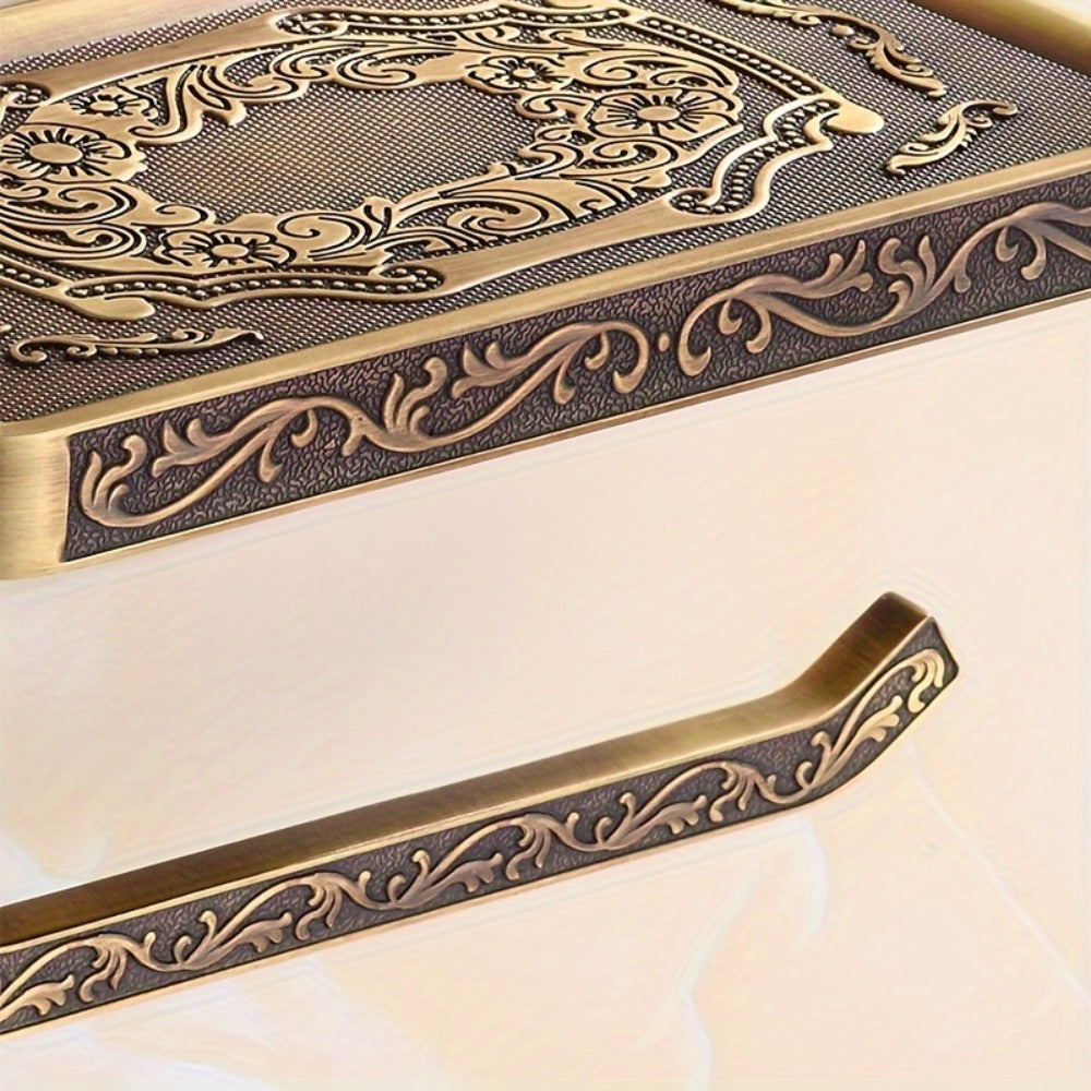 Toilet Paper Holder with Shelf Antique Brass Vintage Wall Mounted - Self-Adhesive No Drill Tissue Roll Dispenser with Storage Ledge, Elegant Bathroom Accessory in Golden & White, 1pc or 2pcs