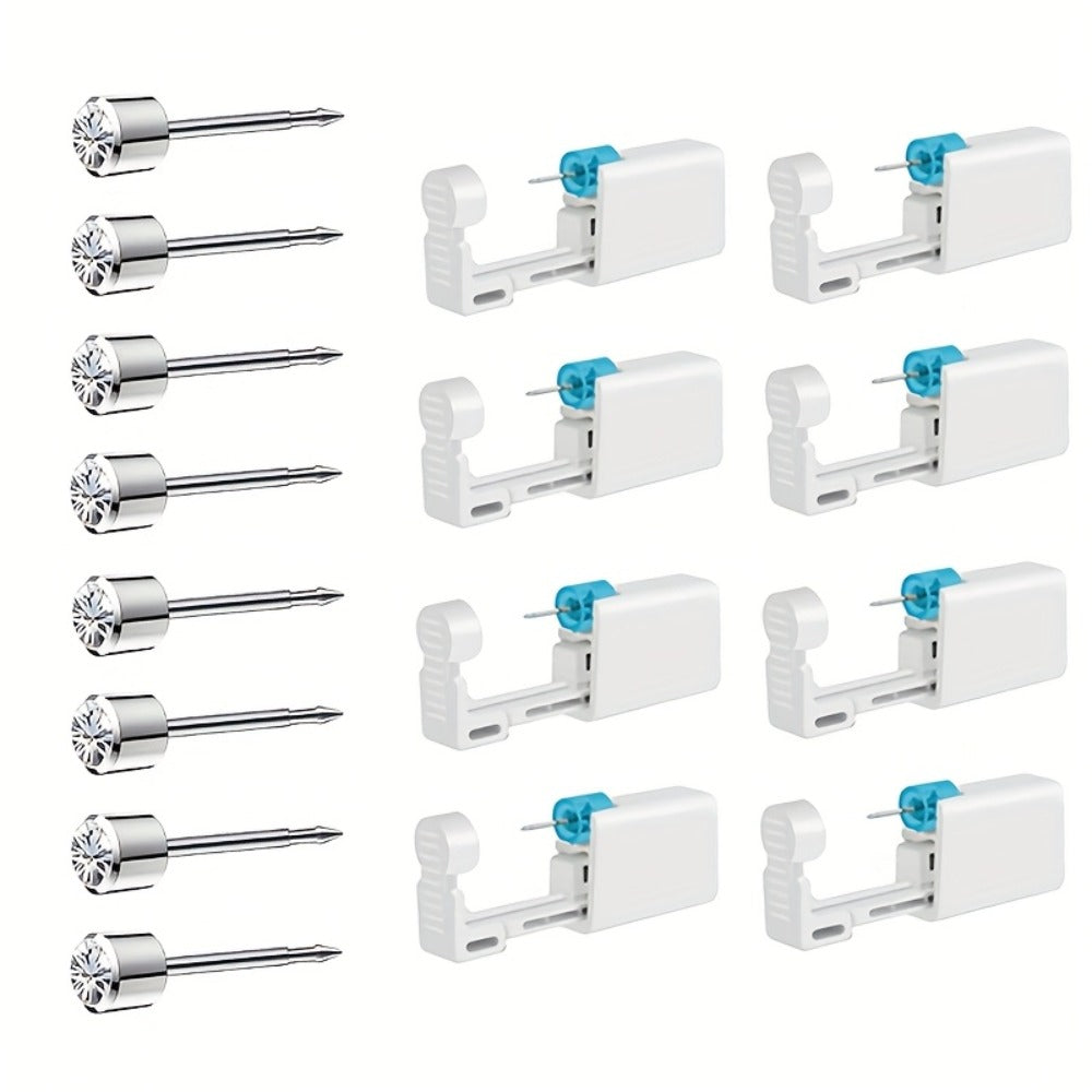 Disposable Ear Piercing Gun Set 8pcs - Stainless Steel Ear Stud Piercing Tool Kit, Safe Portable Self-Piercing Device with Hypoallergenic Earrings for Home Use, Silver & Gold