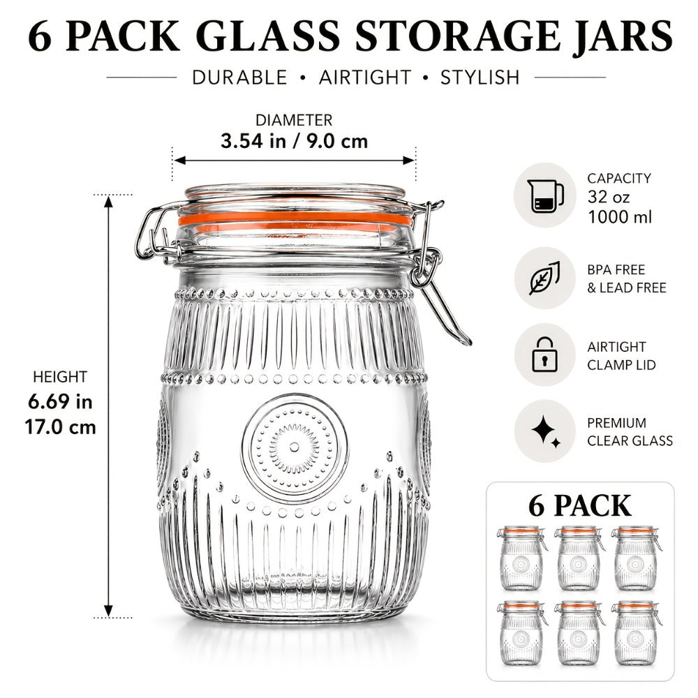 Mason Jars 6 Pack 32oz Wide Mouth Airtight Glass Canister Set with Hinged Lids Vintage Sunflower Pattern Kitchen Storage Jars for Coffee Sugar Beans Spices Dry Goods Pantry Organization