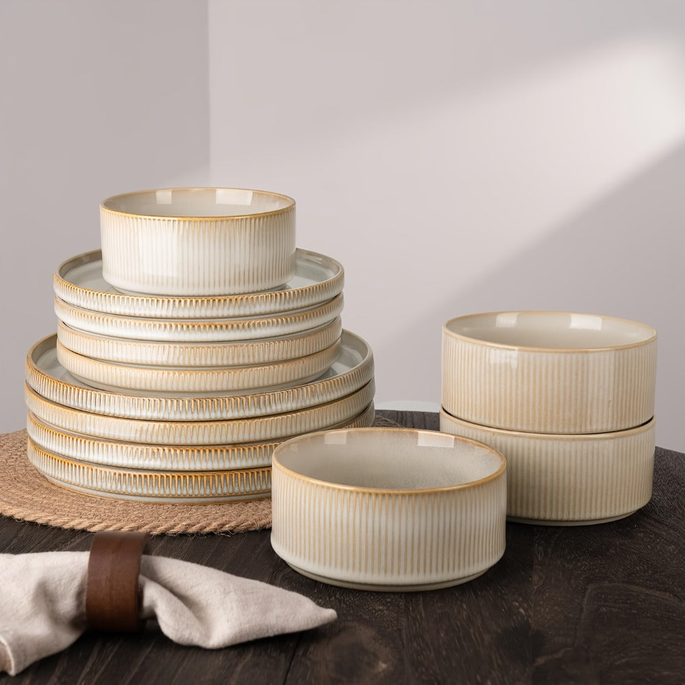 Dinnerware Set for 4 12 Piece Stoneware Plates and Bowls Set Microwave Dishwasher Safe Lead Free Double Reactive Glaze Dinner Plates Salad Plates Cereal Bowls for Everyday Use Holiday Gifts