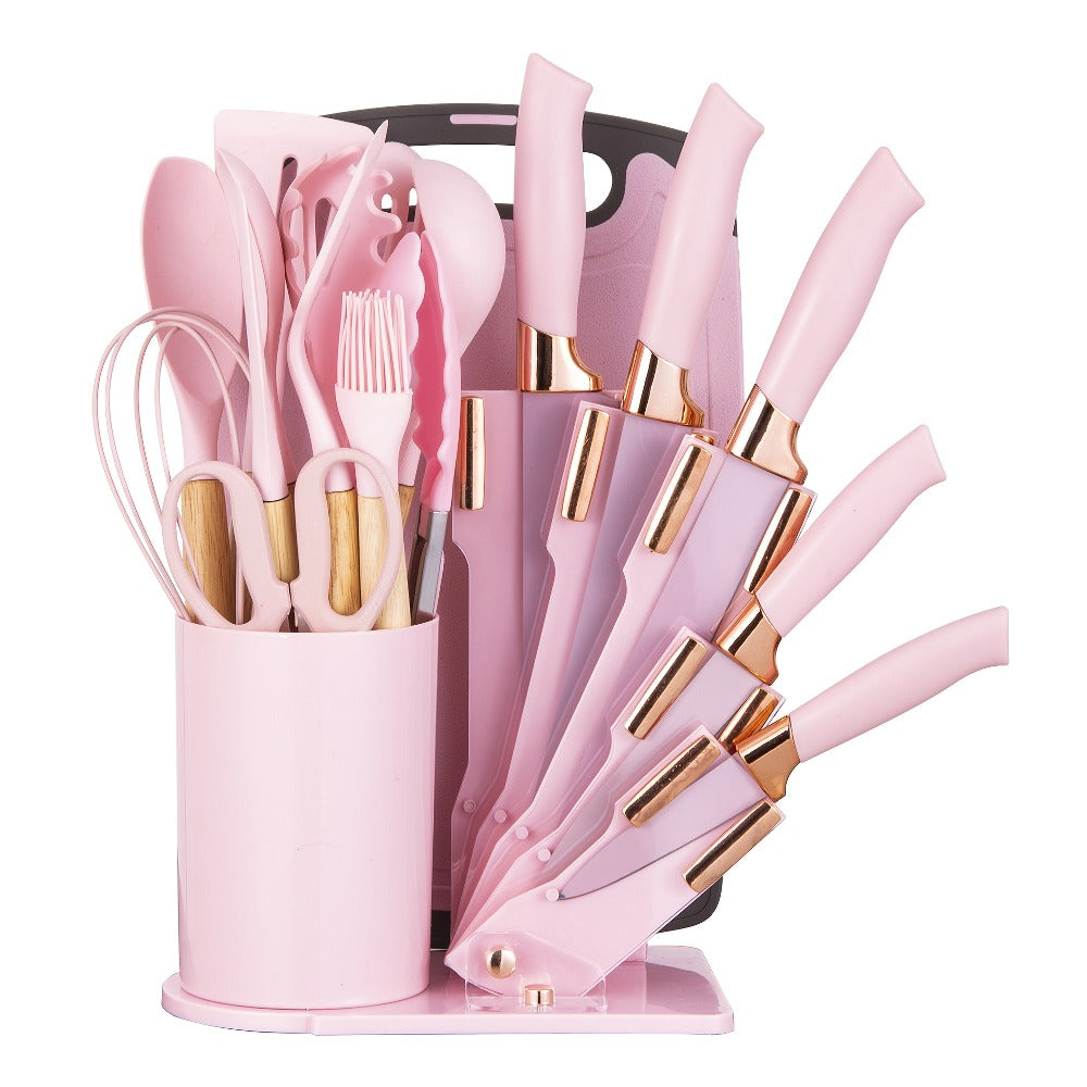 19-Piece Kitchen Knife & Utensil Set with Wooden Handles, Non-Stick Blades, Silicone Cooking Tools, Cutting Board, Scissors & Holder