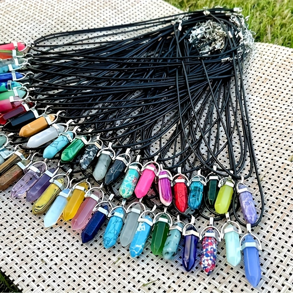 Crystal Natural Stone Pendant Necklace Set Bulk 60Pcs 30Sets Hexagonal Shaped Assorted Color for Jewelry Making Craft DIY Daily Wear Gift