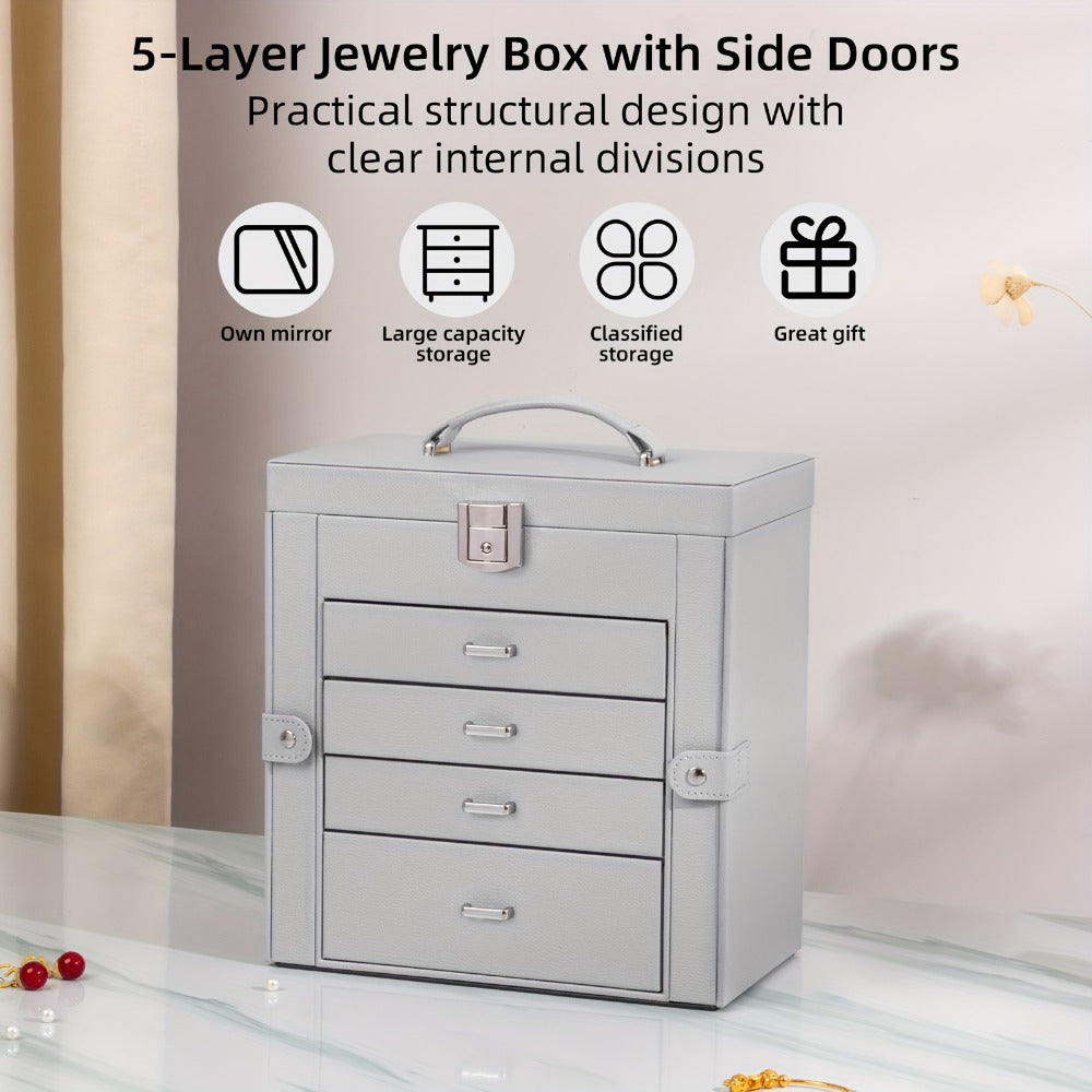 Large Jewelry Box 5-Tier PU Leather Organizer with Lock & Mirror ¨C Storage Case for Bracelets, Earrings, Rings & Necklaces