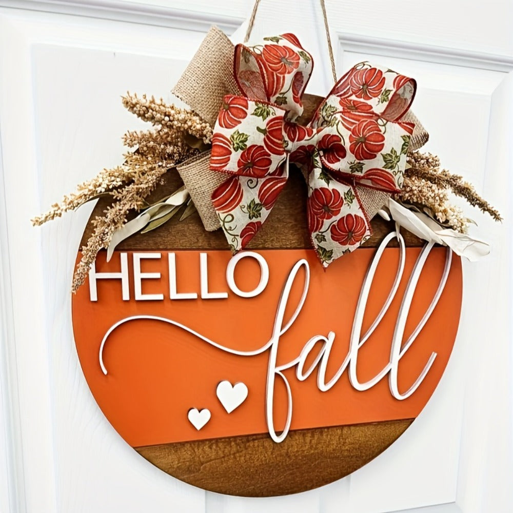 Hello Fall 3D Door Hanger ¨C Autumn Harvest Pumpkin Wheat Bow Fall Wreath Door Sign Seasonal Home Decor