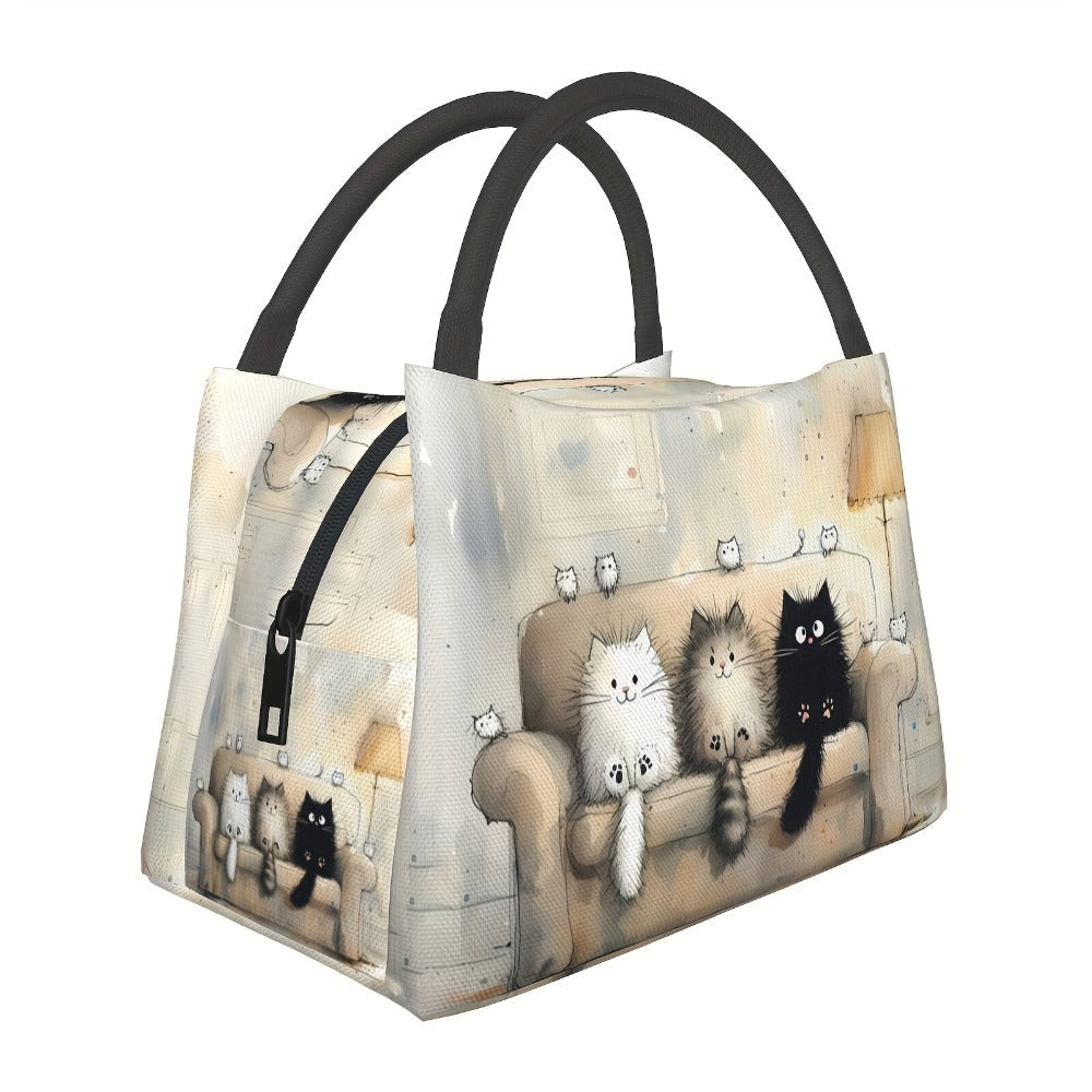 Insulated Lunch Bag with Cat Design - Reusable Polyester Lunch Tote for Women, Portable Cooler Bag for Work, Picnic, Hiking & Beach, Easy to Clean, Animal Print