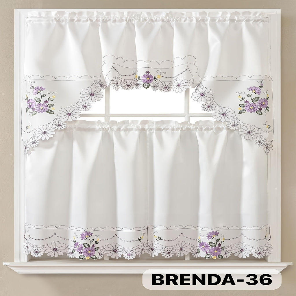 Kitchen Curtains 3 Piece Set Embroidered Satin Valance and Tiers - Rod Pocket Light Filtering Machine Washable 46 Colors Available All Season Home Decor