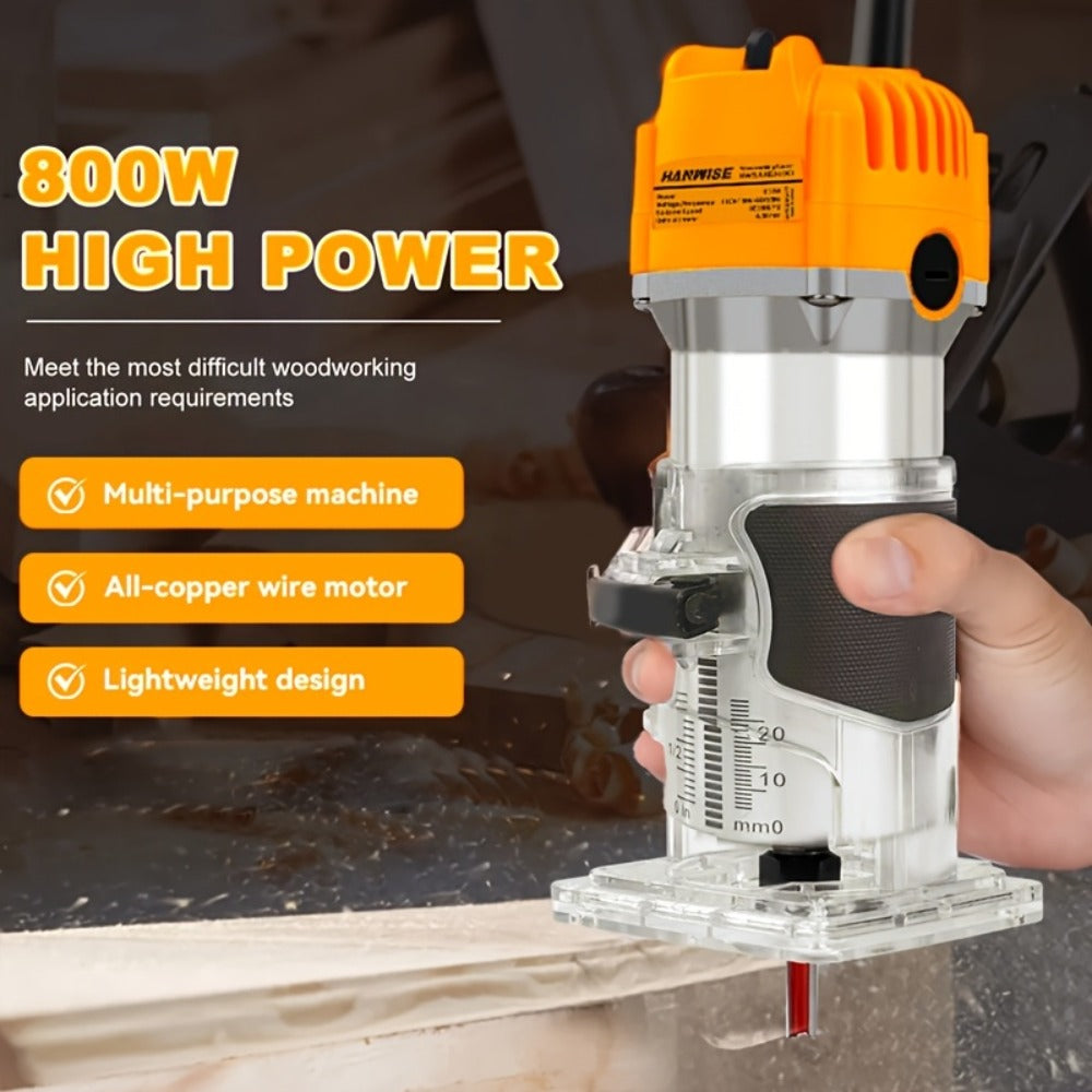 Wood Router 800W 35000 RPM Compact Electric Router Tool | 15-Piece 1/4¡± Bit Set for DIY Woodworking, Edge Trimming, Slotting, Carving & Contour Processing ¨C Variable Speed Rotary Tool