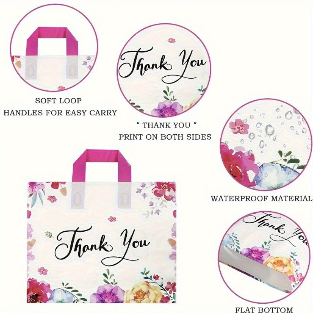 Thank You Gift Bags 50pcs Plastic Flower Print Handle Bags Reusable Shopping Tote for Party Birthday Wedding Halloween Christmas