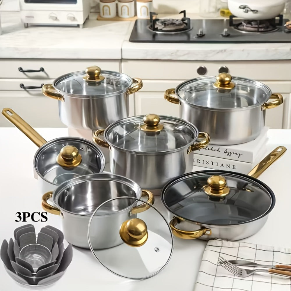 Stainless Steel Deep Pot Cookware Set 10 & 12 Piece with Lids & Dual Handles ¨C Oven Safe Soup Hot Pot Pasta Seafood Stew Pots | Silver Pink Gold | Home Restaurant Cooking Gift Set