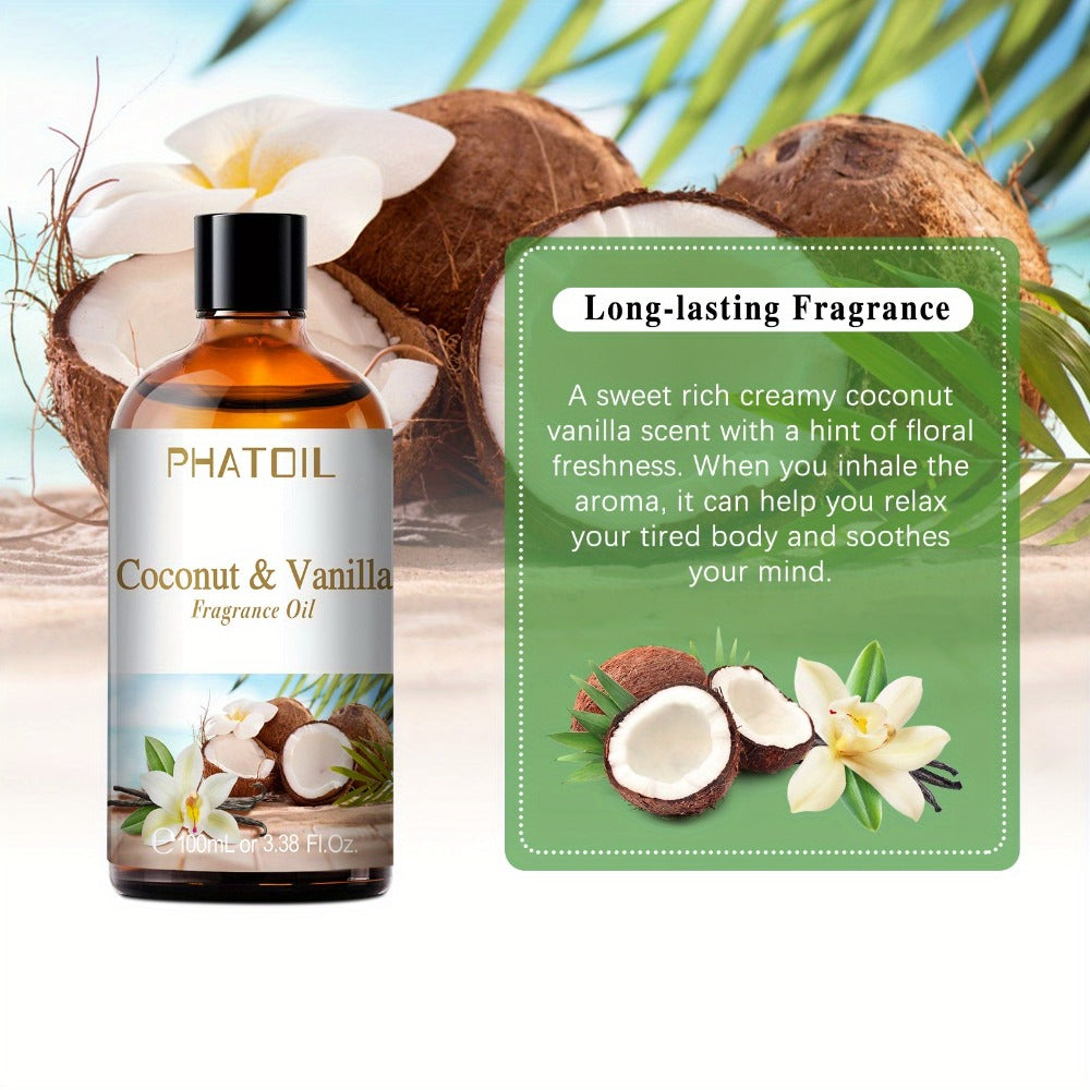 Fragrance Oil for Diffuser - PHATOIL 100ml Coconut & Vanilla Scented Oil for Humidifier, Candle Making, Soap, Aromatherapy, Reed Diffuser, Home & Office Air Freshener, Long Lasting Scent