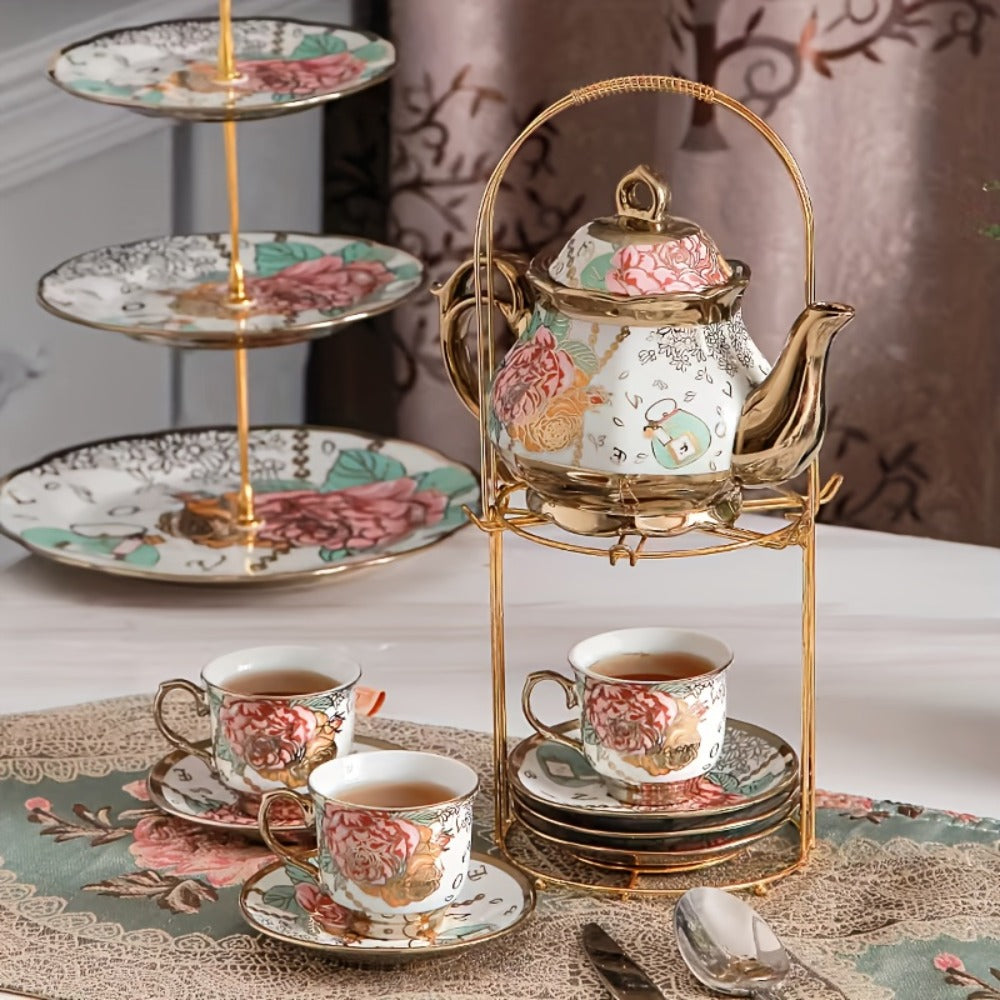 European Floral Ceramic Tea Set 20 Pcs ¨C Italian Style Afternoon Tea Set with Metal Stand ¨C Blooming Pattern Teapot & Cups ¨C Elegant Gift for Tea Lovers & Special Occasions ¨C Golden