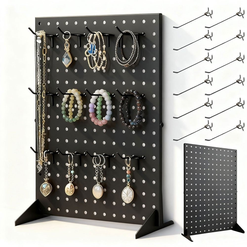 Pegboard Jewelry Display Stand with 12 Removable Peg Hooks Countertop Jewelry Organizer Rack Freestanding Iron Hole Board Display Tower for Necklace Earring Bracelet Ring Accessories Black White