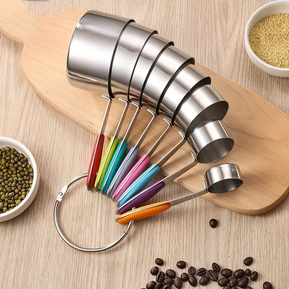Stainless Steel Measuring Cups and Spoons Set 5pcs with Silicone Handle - Baking & Cooking Kitchen Measurement Tools