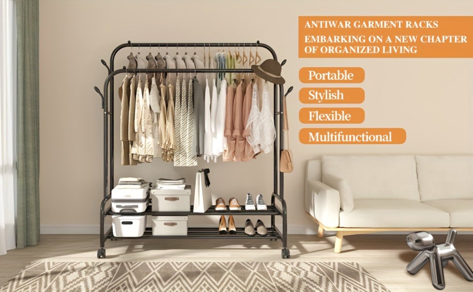 Heavy Duty Metal Clothing Rack Double Rod with Wheels Shelves and Hooks Freestanding Garment Rack 300LB Capacity Closet Organizer for Bedroom Laundry Room