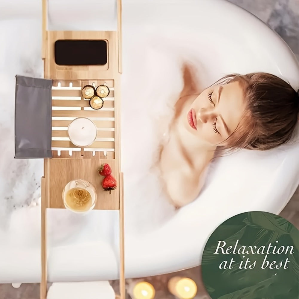 Bamboo Bath Caddy Tray with Adjustable Reading Rack - Expandable Bathtub Tray, Water-Resistant, Space-Saving Bathtub Organizer for Books, Tablets & Bath Essentials